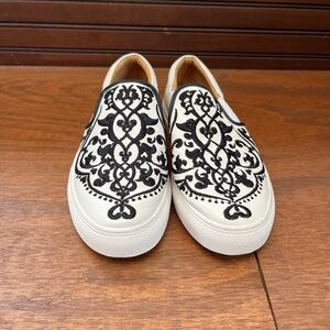 Brighton Black and White Embroidered Loafers